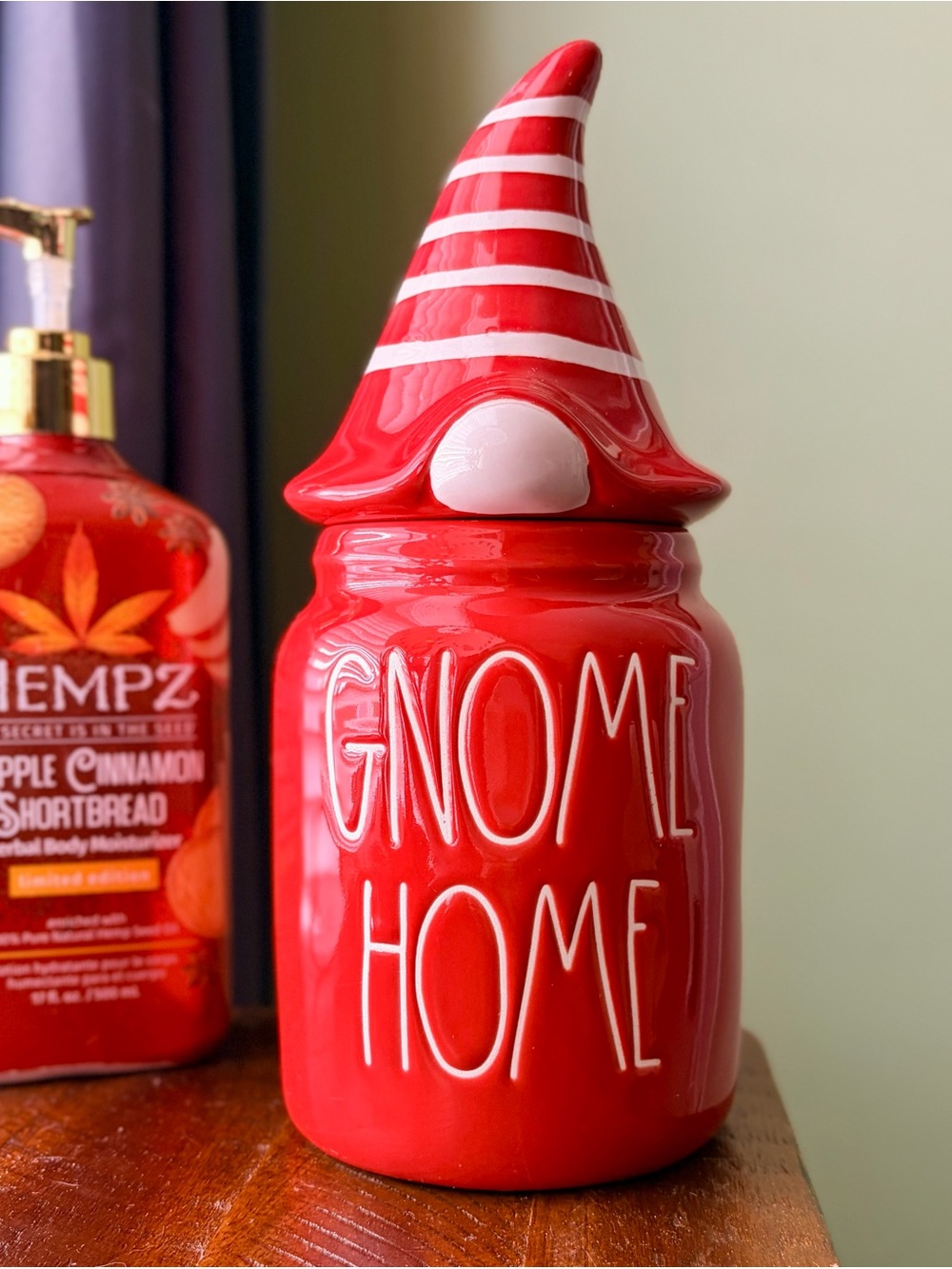 Rae Dunn Crimson Red 'Gnome Home' Ceramic Holiday Food Storage Jar with Lid - Picture 8 of 8